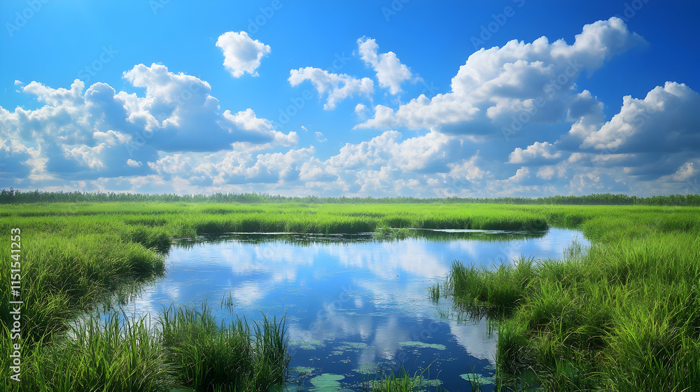 Stunning Landscape: Serene Meadow with Blue Sky and Clouds Stunning Landscape: Serene Meadow with Blue Sky and Clouds