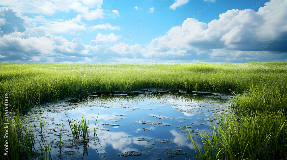 Serene Landscape: Stunning Reflection of Sky and Clouds in a Lush Green Field Serene Landscape: Stunning Reflection of Sky and Clouds in a Lush Green Field