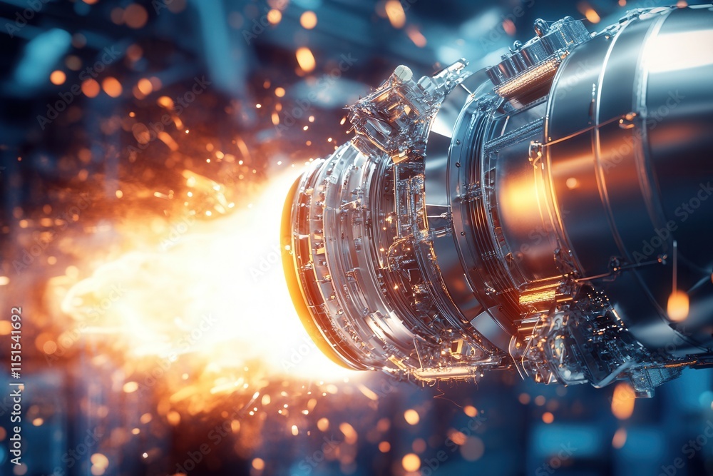 High-Detail 3D Rendered Illustration of a Dynamic Engine with Metallic Textures and Light Flares Set in a Technical Facility Backdrop High-Detail 3D Rendered Illustration of a Dynamic Engine with Metallic Textures and Light Flares Set in a Technical Facility Backdrop
