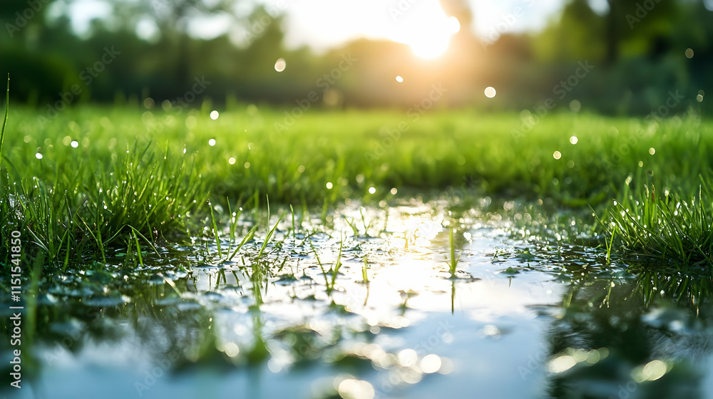 Serene Landscape: Green Grass with Dew Drops and Sunlight Serene Landscape: Green Grass with Dew Drops and Sunlight