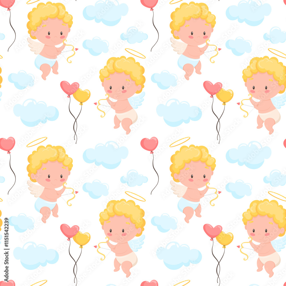 Seamless pattern with cupid and clouds, on white background. Love concept. Valentine's day greeting card. Funny pattern with hearts on the theme of Valentine's day. Seamless pattern with cupid and clouds, on white background. Love concept. Valentine's day greeting card. Funny pattern with hearts on the theme of Valentine's day.