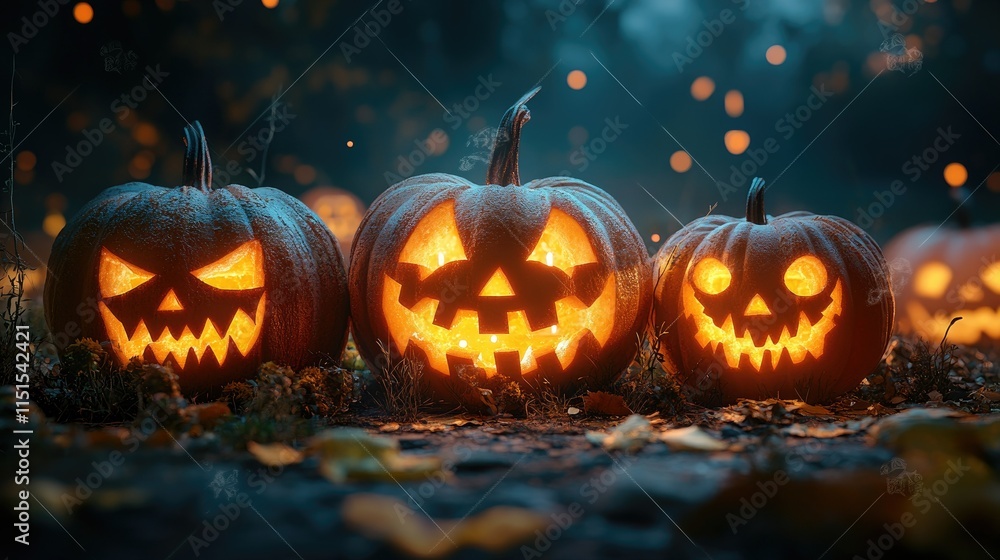 Spooky Halloween Night: Illuminated Jack-o'-lanterns in a Mystical Forest Spooky Halloween Night: Illuminated Jack-o'-lanterns in a Mystical Forest