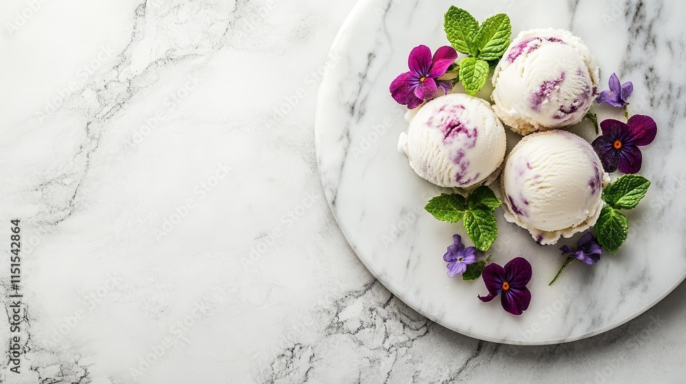 Elegant Marble Plate Decorated With Ice Cream And Flowers Elegant Marble Plate Decorated With Ice Cream And Flowers