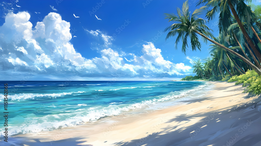 Tranquil Tropical Beach: White Sand, Palm Trees, and Azure Waters Tranquil Tropical Beach: White Sand, Palm Trees, and Azure Waters