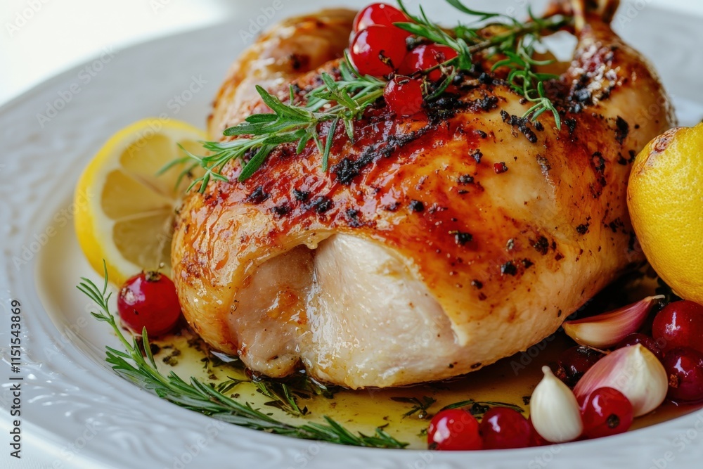 roasted chicken on a plate with lemons, garlic, cranberries, and herbs roasted chicken on a plate with lemons, garlic, cranberries, and herbs