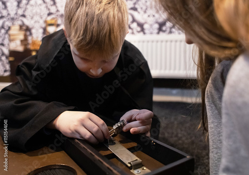 Kids go through tasks in the quest room and look for keys. Adventures of friends in a magical labyrinth, logic tests