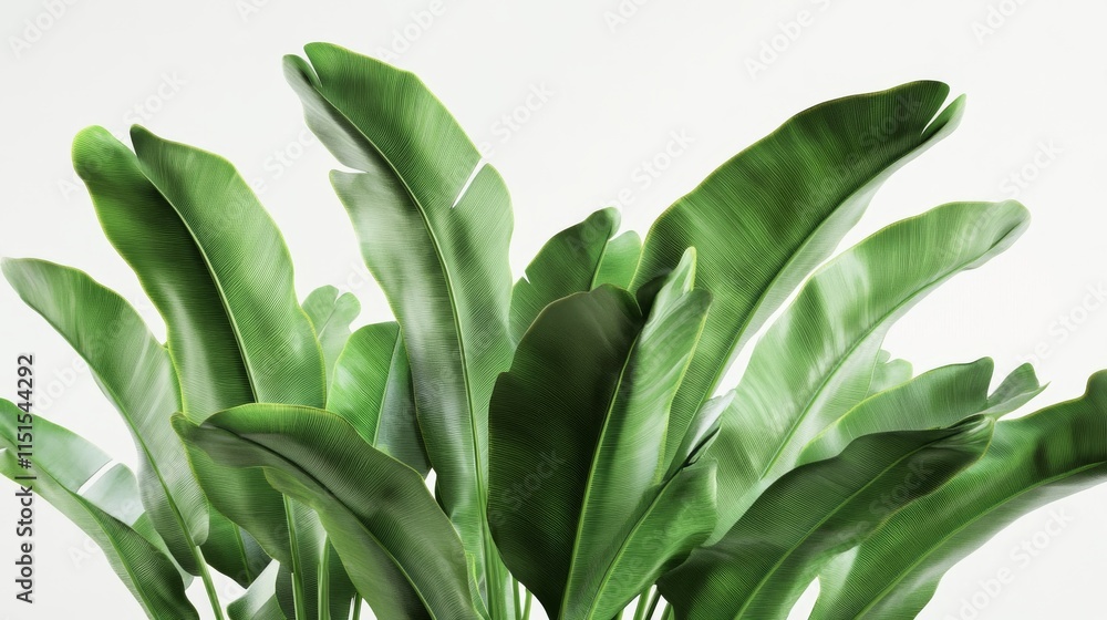 Obraz premium 45.A high-quality 3D render of musa balbisiana plants, with lush, green leaves spread out against a white background. The plant is shown in close-up, with detailed textures and leaf veins, capturing
