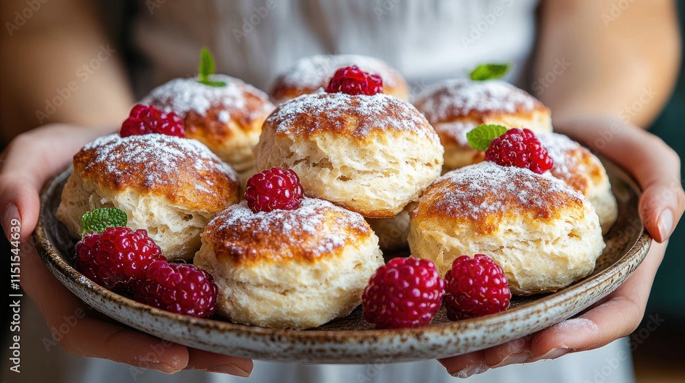 Freshly baked scones topped with powdered sugar and raspberries, held in hands. Freshly baked scones topped with powdered sugar and raspberries, held in hands.