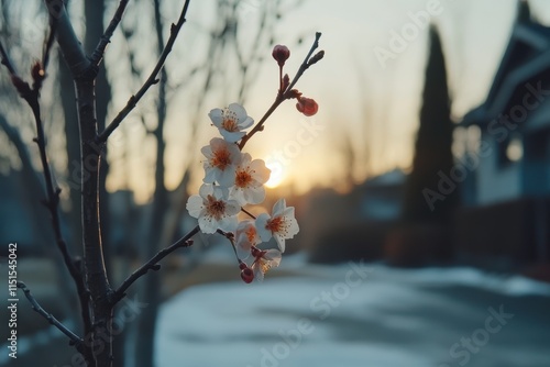 Delicate Cherry Blossom Branch Illuminated by Sunset in Springtime, Capturing the Beauty of Nature's Renewal Against a Soft Background photo