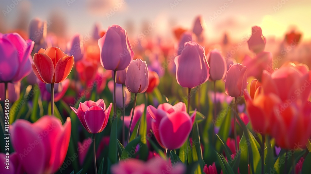 A field of colorful tulips in full bloom, with a soft morning light illuminating their bright hues. A field of colorful tulips in full bloom, with a soft morning light illuminating their bright hues.