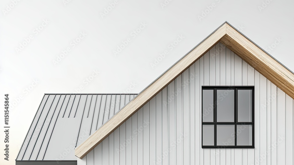 Modern Farmhouse Gable Roof Detail: A close-up view of a contemporary farmhouse gable roof, showcasing the clean lines of white siding, warm wood accents, and a sleek metal roof. Modern Farmhouse Gable Roof Detail: A close-up view of a contemporary farmhouse gable roof, showcasing the clean lines of white siding, warm wood accents, and a sleek metal roof.