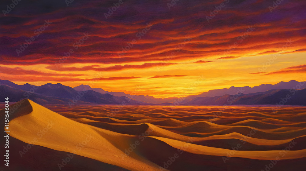 Naklejka premium Majestic Desert Sunset: Vibrant Hues over Rolling Sand Dunes and Mountains