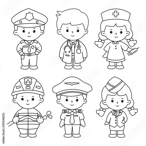 Vector of careers character outline set for coloring book (police officer, doctor, nurse, firefighter, pilot, cabin crew)
