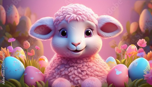 3d Cartoon sweet pink Easter lamb poster, art cartoon design photo