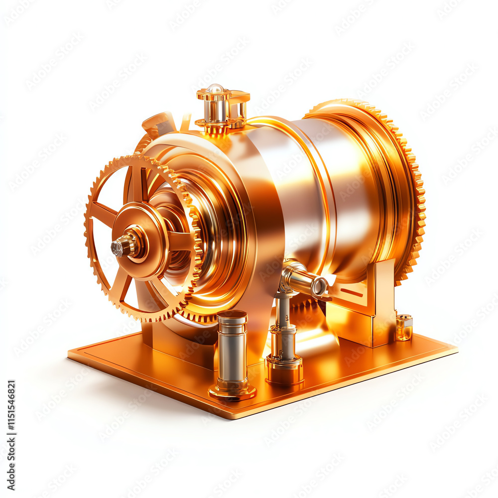 Fototapeta premium Detailed golden mechanical device with intricate gears and pipes, representing innovation in engineering.