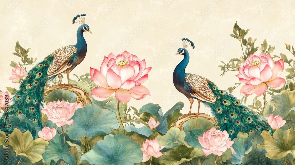 Naklejka premium 84.Chinese-inspired vintage seamless border with pink lotus flowers, lush rose blooms, and majestic peacocks, framed by intricate leaves and a soft pastel background, evoking elegance and traditional