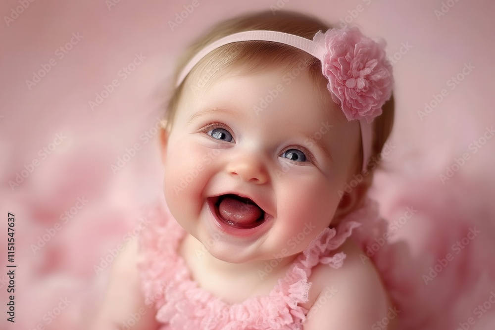 Joyful Baby Girl Laughing with Head Tilted Back in Soft Glowing Light Against a Light Pink Background, Capturing Pure Happiness and Innocence Joyful Baby Girl Laughing with Head Tilted Back in Soft Glowing Light Against a Light Pink Background, Capturing Pure Happiness and Innocence