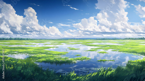 Tranquil Landscape: Serene Meadow Under a Summer Sky