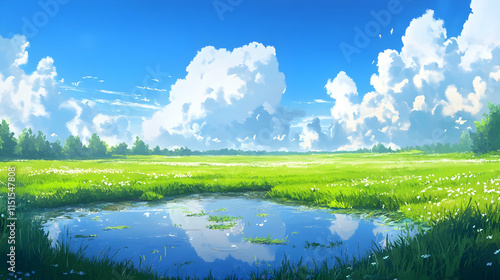 Serene Meadow Landscape: A picturesque summer day with fluffy clouds and a tranquil pond reflecting the sky
