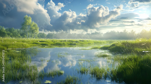 Stunning Nature Landscape: Serene Lake, Lush Grass, and Dramatic Sky