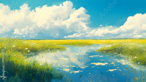 Serene Summer Landscape: Yellow Field, Blue Water, and Fluffy Clouds