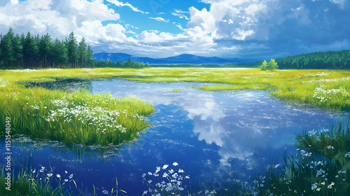 Serene Lake Landscape: Meadow, Forest, and Sky