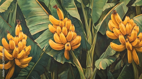 71.A banner image showing clusters of ripe bananas hanging in bunches on banana trees within a plantation. The bananas display a vibrant yellow hue with a touch of green, set against the backdrop of photo