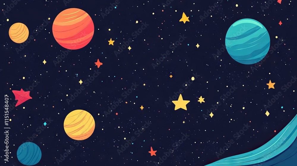 Cute flat style vector space background with shimmering stars, planets, and celestial elements in a vibrant outer space illustration Cute flat style vector space background with shimmering stars, planets, and celestial elements in a vibrant outer space illustration