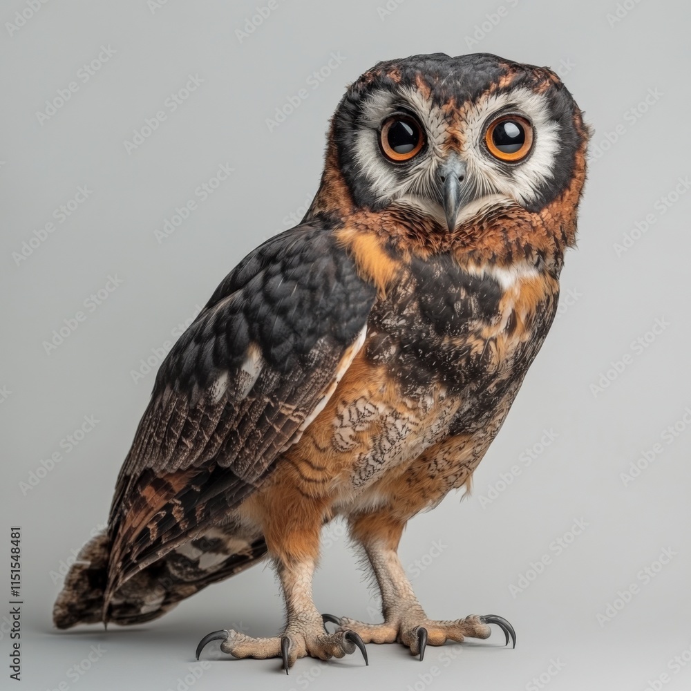 Fototapeta premium a full body shot of a brown and black owl standing on a gray background