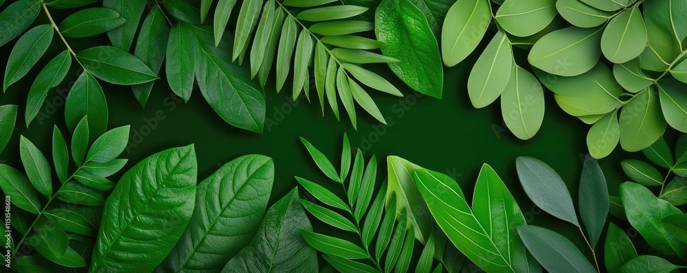 Foliage abstract background concept. A vibrant collection of diverse green leaves beautifully arranged on a dark background. Foliage abstract background concept. A vibrant collection of diverse green leaves beautifully arranged on a dark background.