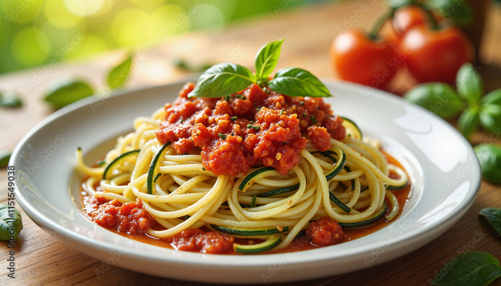 Zucchini noodles with tomato sauce and fresh basil on white plate
Zucchini noodles with tomato sauce and fresh basil on white plate