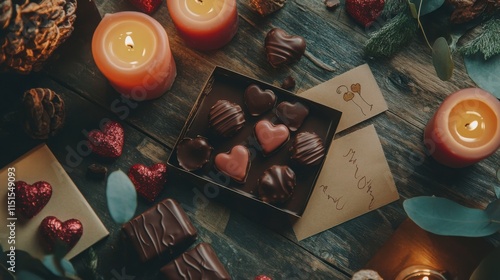 A flat-lay composition of Valentine's Day items: chocolates, candles, and love notes