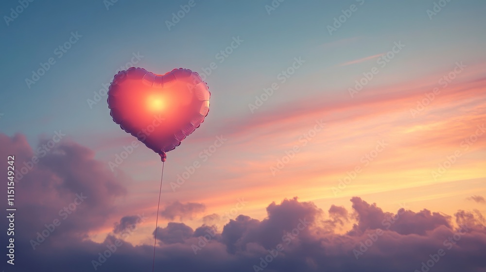Fototapeta premium A glowing heart-shaped balloon floating in the evening sky with soft pink hues