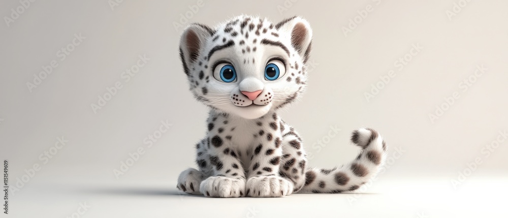a cartoon snow leopard cub sitting against a plain backdrop