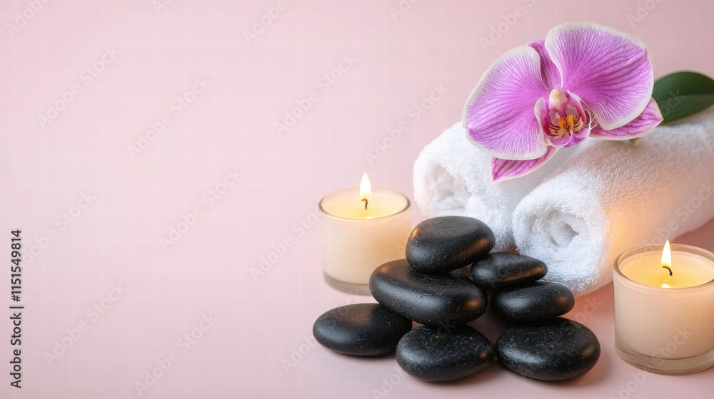 Relaxation self-care wellness. Relaxing spa setup with candles, towels, stones, and a flower on a pink background. Relaxation self-care wellness. Relaxing spa setup with candles, towels, stones, and a flower on a pink background.