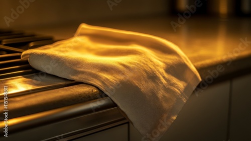 Soft kitchen cloth draped on countertop, illuminated by warm natural light, creating a cozy and inviting atmosphere for culinary spaces and home cooking enthusiasts