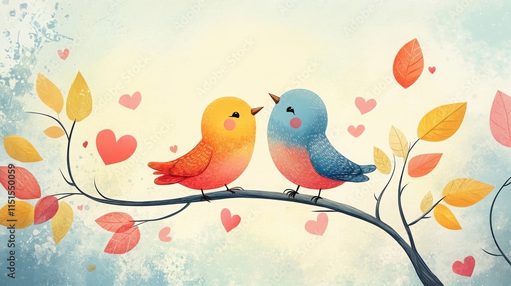 Whimsical illustration of two happy lovebirds with a Valentine's Day theme Whimsical illustration of two happy lovebirds with a Valentine's Day theme