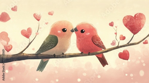 Whimsical illustration of two cute lovebirds with a Valentine's Day theme