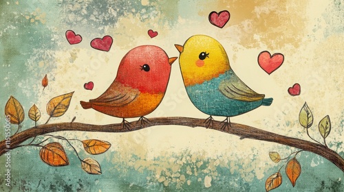 Whimsical illustration of two lovebirds on a branch 