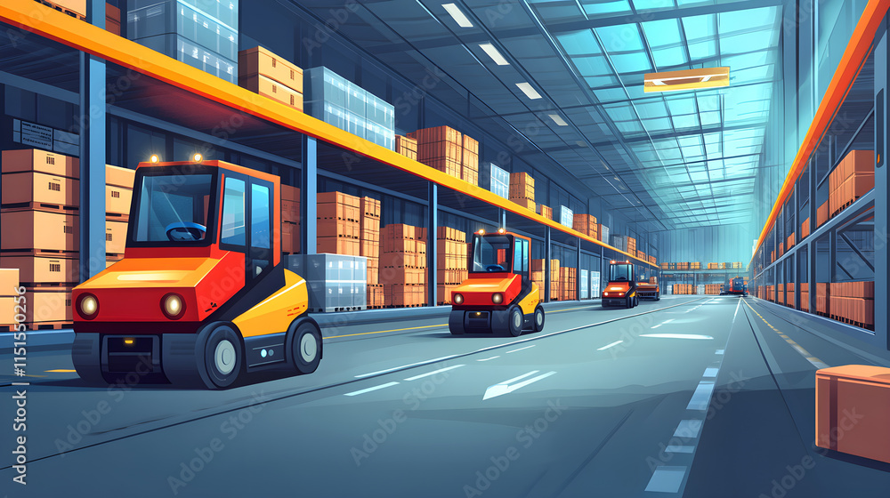 Modern Warehouse with Forklifts and Storage Boxes in Bright Setting Modern Warehouse with Forklifts and Storage Boxes in Bright Setting