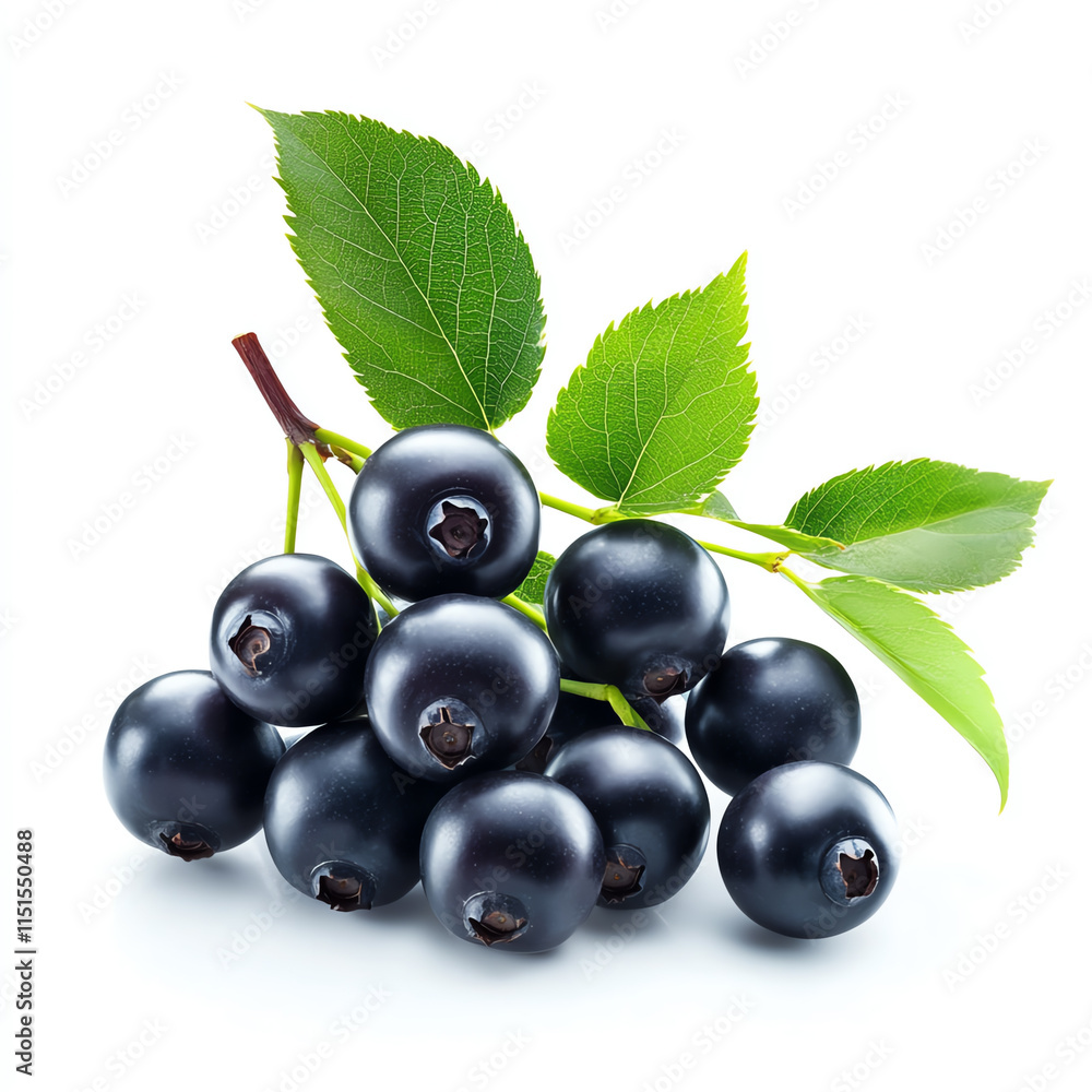 Fresh blackcurrants with green leaves on a white background. Fresh blackcurrants with green leaves on a white background.