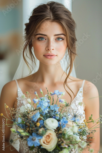 Beautiful young bride in white elegant wedding dress with bouquet