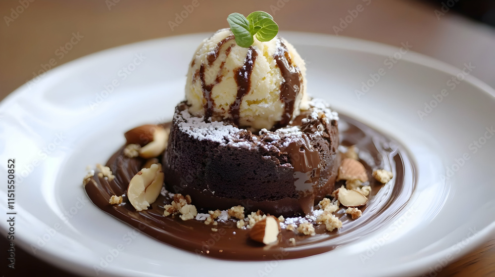 Scrumptious Chocolate Lava Cake with Vanilla Ice Cream and Almond Garnish Scrumptious Chocolate Lava Cake with Vanilla Ice Cream and Almond Garnish