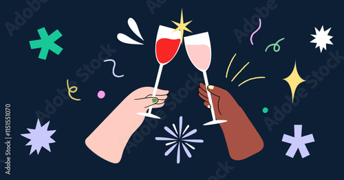 Toasting in Celebration with Wine and Champagne Vector Illustration. Firework, stars, sparks and decorative elements. 