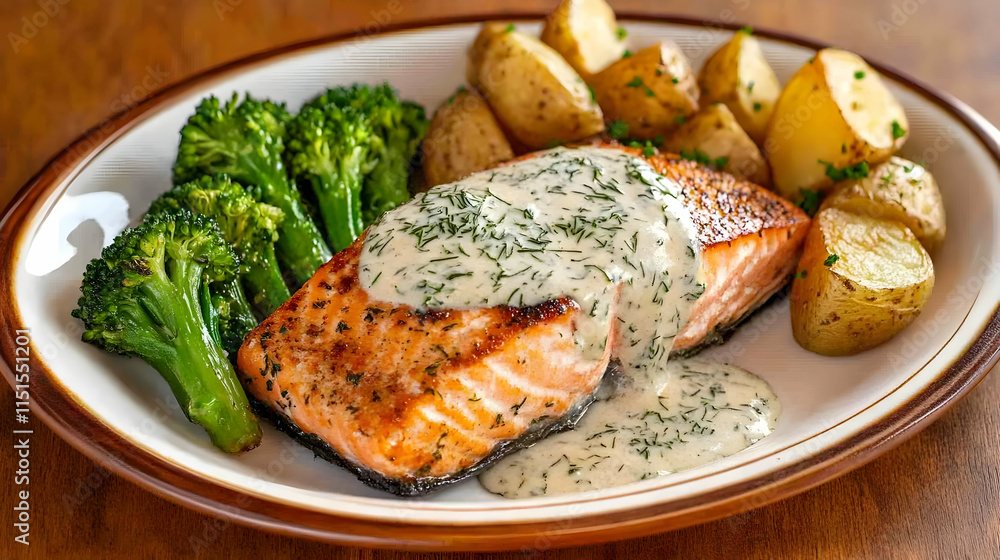 Pan-Seared Salmon with Dill Sauce, Roasted Potatoes, and Broccoli Pan-Seared Salmon with Dill Sauce, Roasted Potatoes, and Broccoli