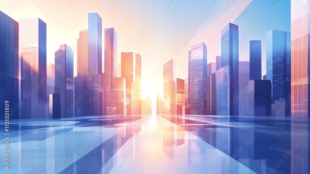 Modern skyscrapers of a futuristic smart city with glass facades and reflections in blue background for corporate and business templates Modern skyscrapers of a futuristic smart city with glass facades and reflections in blue background for corporate and business templates