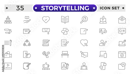 Storytelling and content creator Outline icon, creative campaign among blog audience, article and typewriter of author. Storytelling thin line icons set vector illustration.