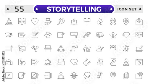 Storytelling and content creator Outline icon, creative campaign among blog audience, article and typewriter of author. Storytelling thin line icons set vector illustration.