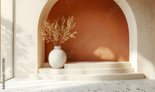 A serene interior space featuring a terracotta wall, steps, and a vase with dried plants.