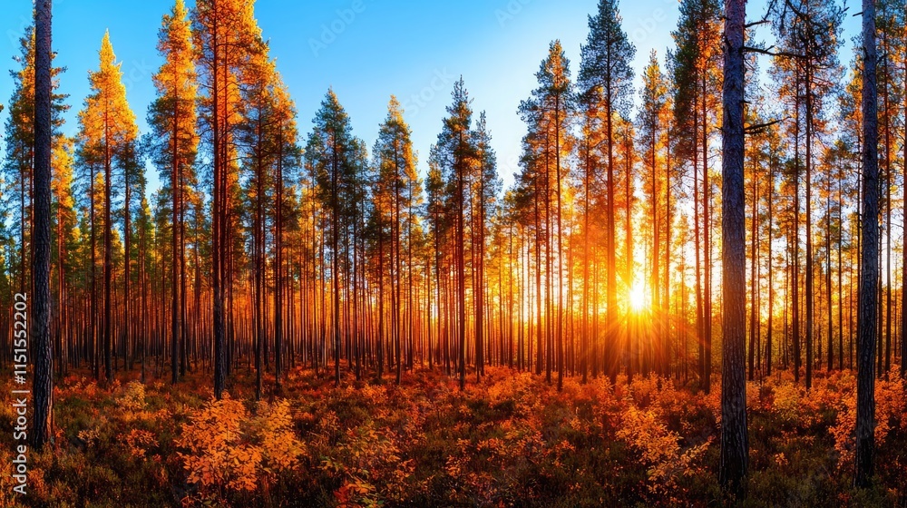 Fototapeta premium Autumn forest concept. Breathtaking sunset illuminating a serene forest filled with tall trees and autumn colors.